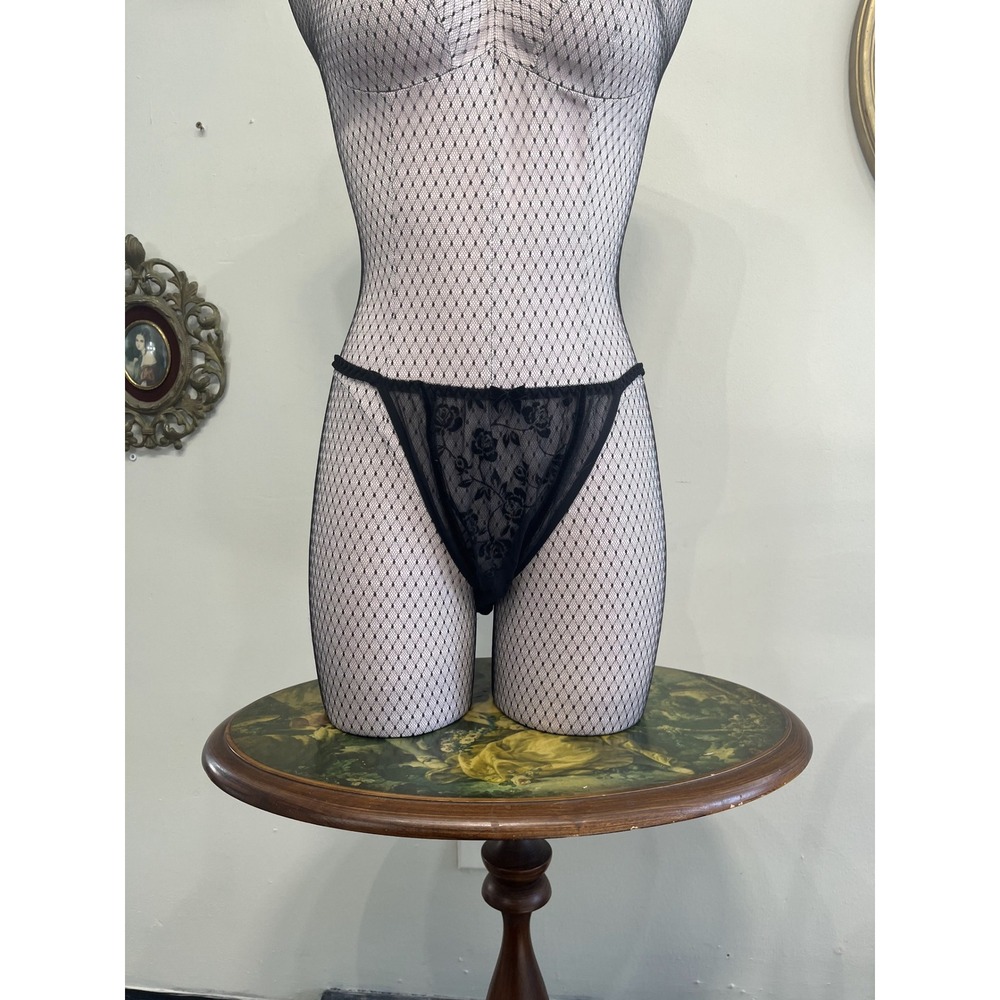 Vintage Cacique Black Floral Mesh High Cut Thong Panty Y2K Size L/7